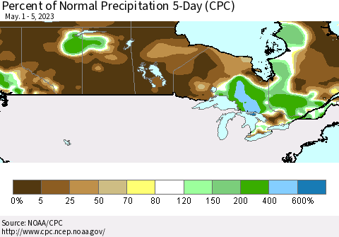 Canada Percent of Normal Precipitation 5-Day (CPC) Thematic Map For 5/1/2023 - 5/5/2023