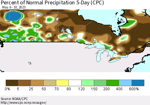 Canada Percent of Normal Precipitation 5-Day (CPC) Thematic Map For 5/6/2023 - 5/10/2023