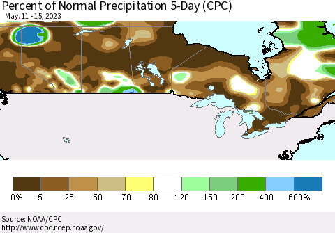 Canada Percent of Normal Precipitation 5-Day (CPC) Thematic Map For 5/11/2023 - 5/15/2023