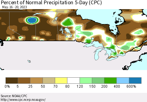 Canada Percent of Normal Precipitation 5-Day (CPC) Thematic Map For 5/16/2023 - 5/20/2023