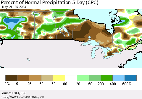 Canada Percent of Normal Precipitation 5-Day (CPC) Thematic Map For 5/21/2023 - 5/25/2023