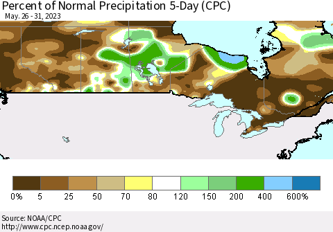 Canada Percent of Normal Precipitation 5-Day (CPC) Thematic Map For 5/26/2023 - 5/31/2023
