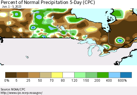 Canada Percent of Normal Precipitation 5-Day (CPC) Thematic Map For 6/1/2023 - 6/5/2023