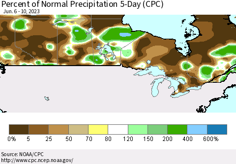 Canada Percent of Normal Precipitation 5-Day (CPC) Thematic Map For 6/6/2023 - 6/10/2023