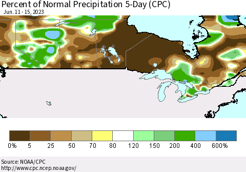 Canada Percent of Normal Precipitation 5-Day (CPC) Thematic Map For 6/11/2023 - 6/15/2023