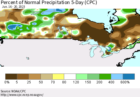 Canada Percent of Normal Precipitation 5-Day (CPC) Thematic Map For 6/16/2023 - 6/20/2023