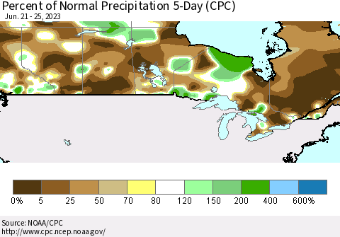 Canada Percent of Normal Precipitation 5-Day (CPC) Thematic Map For 6/21/2023 - 6/25/2023