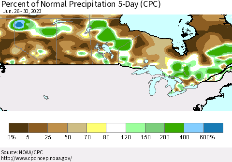 Canada Percent of Normal Precipitation 5-Day (CPC) Thematic Map For 6/26/2023 - 6/30/2023