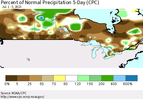 Canada Percent of Normal Precipitation 5-Day (CPC) Thematic Map For 7/1/2023 - 7/5/2023