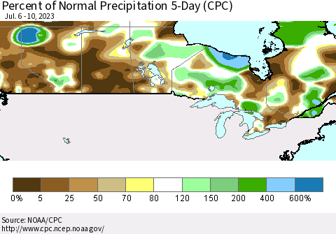 Canada Percent of Normal Precipitation 5-Day (CPC) Thematic Map For 7/6/2023 - 7/10/2023