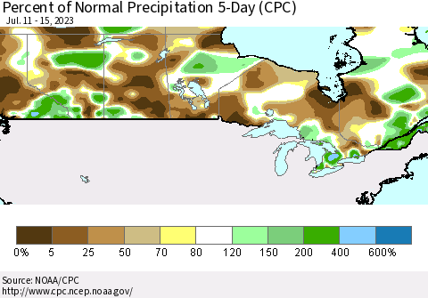 Canada Percent of Normal Precipitation 5-Day (CPC) Thematic Map For 7/11/2023 - 7/15/2023