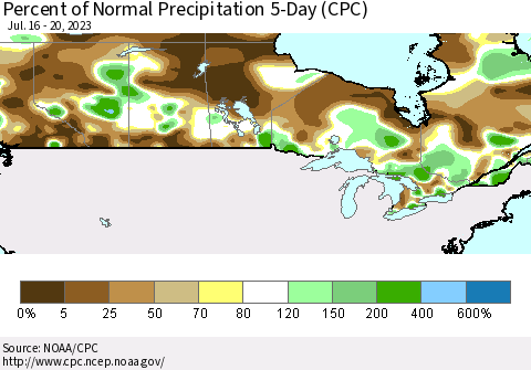 Canada Percent of Normal Precipitation 5-Day (CPC) Thematic Map For 7/16/2023 - 7/20/2023