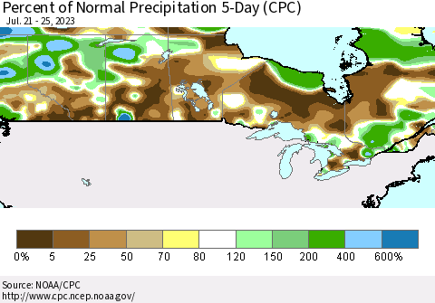 Canada Percent of Normal Precipitation 5-Day (CPC) Thematic Map For 7/21/2023 - 7/25/2023