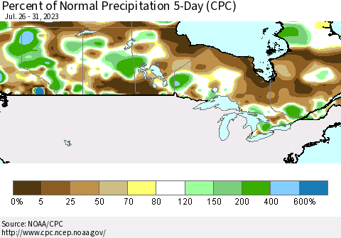 Canada Percent of Normal Precipitation 5-Day (CPC) Thematic Map For 7/26/2023 - 7/31/2023