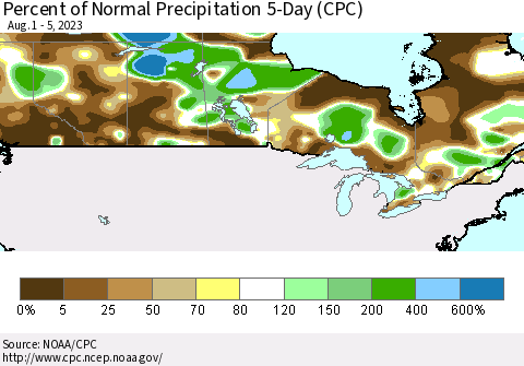 Canada Percent of Normal Precipitation 5-Day (CPC) Thematic Map For 8/1/2023 - 8/5/2023