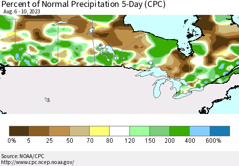 Canada Percent of Normal Precipitation 5-Day (CPC) Thematic Map For 8/6/2023 - 8/10/2023