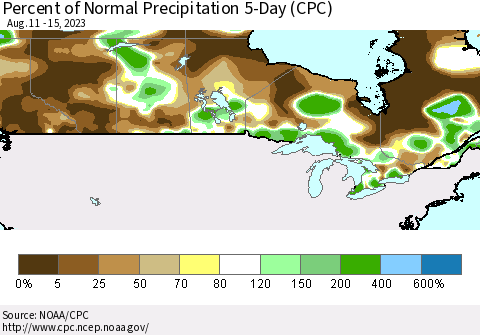 Canada Percent of Normal Precipitation 5-Day (CPC) Thematic Map For 8/11/2023 - 8/15/2023