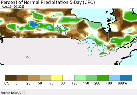 Canada Percent of Normal Precipitation 5-Day (CPC) Thematic Map For 8/16/2023 - 8/20/2023