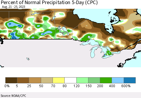 Canada Percent of Normal Precipitation 5-Day (CPC) Thematic Map For 8/21/2023 - 8/25/2023