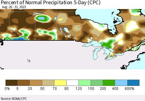 Canada Percent of Normal Precipitation 5-Day (CPC) Thematic Map For 8/26/2023 - 8/31/2023