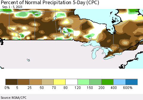 Canada Percent of Normal Precipitation 5-Day (CPC) Thematic Map For 9/1/2023 - 9/5/2023