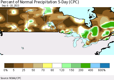 Canada Percent of Normal Precipitation 5-Day (CPC) Thematic Map For 9/6/2023 - 9/10/2023