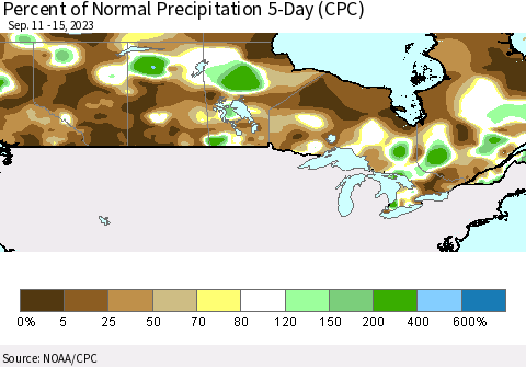 Canada Percent of Normal Precipitation 5-Day (CPC) Thematic Map For 9/11/2023 - 9/15/2023