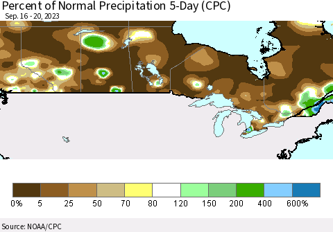Canada Percent of Normal Precipitation 5-Day (CPC) Thematic Map For 9/16/2023 - 9/20/2023