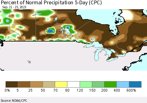 Canada Percent of Normal Precipitation 5-Day (CPC) Thematic Map For 9/21/2023 - 9/25/2023