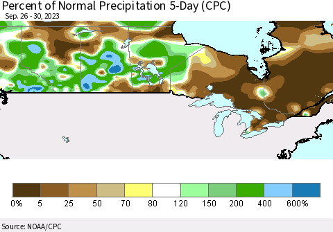 Canada Percent of Normal Precipitation 5-Day (CPC) Thematic Map For 9/26/2023 - 9/30/2023