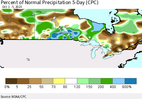Canada Percent of Normal Precipitation 5-Day (CPC) Thematic Map For 10/1/2023 - 10/5/2023