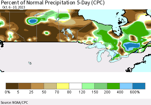 Canada Percent of Normal Precipitation 5-Day (CPC) Thematic Map For 10/6/2023 - 10/10/2023
