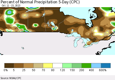 Canada Percent of Normal Precipitation 5-Day (CPC) Thematic Map For 10/11/2023 - 10/15/2023