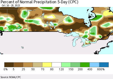 Canada Percent of Normal Precipitation 5-Day (CPC) Thematic Map For 10/16/2023 - 10/20/2023