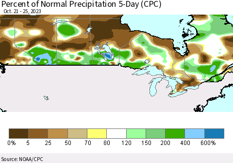Canada Percent of Normal Precipitation 5-Day (CPC) Thematic Map For 10/21/2023 - 10/25/2023
