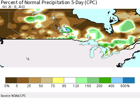 Canada Percent of Normal Precipitation 5-Day (CPC) Thematic Map For 10/26/2023 - 10/31/2023