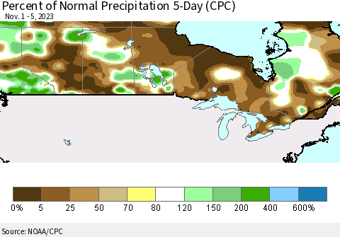 Canada Percent of Normal Precipitation 5-Day (CPC) Thematic Map For 11/1/2023 - 11/5/2023