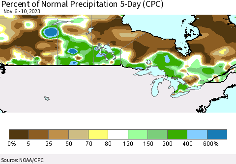 Canada Percent of Normal Precipitation 5-Day (CPC) Thematic Map For 11/6/2023 - 11/10/2023