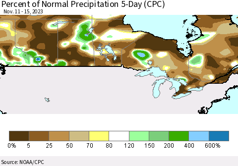 Canada Percent of Normal Precipitation 5-Day (CPC) Thematic Map For 11/11/2023 - 11/15/2023