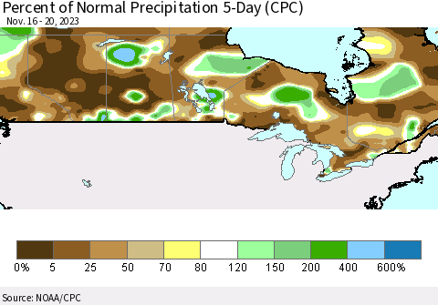 Canada Percent of Normal Precipitation 5-Day (CPC) Thematic Map For 11/16/2023 - 11/20/2023