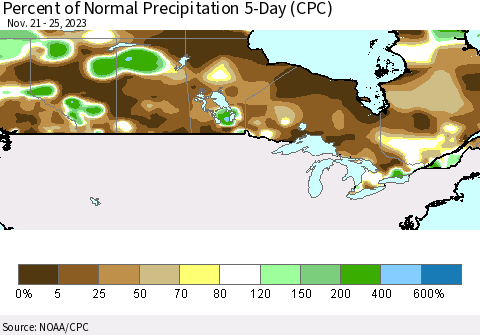Canada Percent of Normal Precipitation 5-Day (CPC) Thematic Map For 11/21/2023 - 11/25/2023