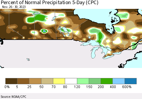 Canada Percent of Normal Precipitation 5-Day (CPC) Thematic Map For 11/26/2023 - 11/30/2023