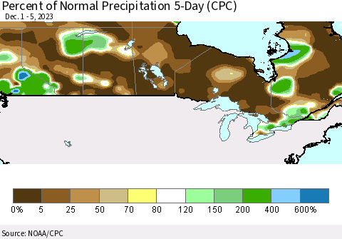 Canada Percent of Normal Precipitation 5-Day (CPC) Thematic Map For 12/1/2023 - 12/5/2023
