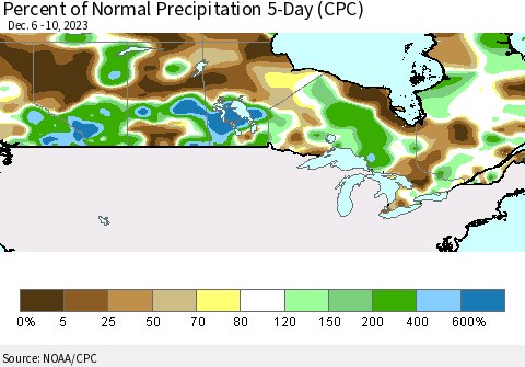 Canada Percent of Normal Precipitation 5-Day (CPC) Thematic Map For 12/6/2023 - 12/10/2023