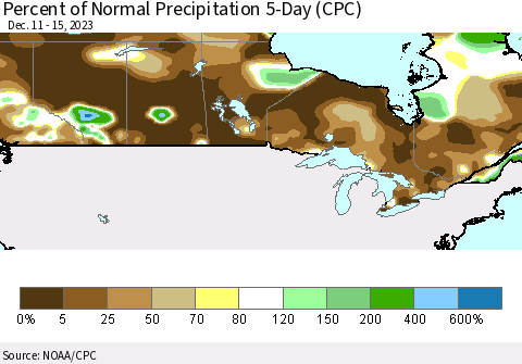 Canada Percent of Normal Precipitation 5-Day (CPC) Thematic Map For 12/11/2023 - 12/15/2023