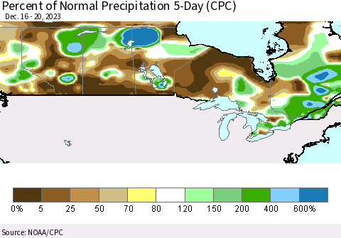Canada Percent of Normal Precipitation 5-Day (CPC) Thematic Map For 12/16/2023 - 12/20/2023