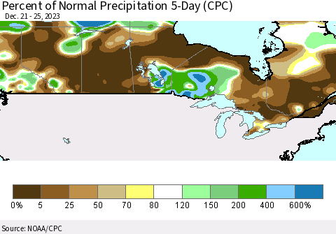 Canada Percent of Normal Precipitation 5-Day (CPC) Thematic Map For 12/21/2023 - 12/25/2023