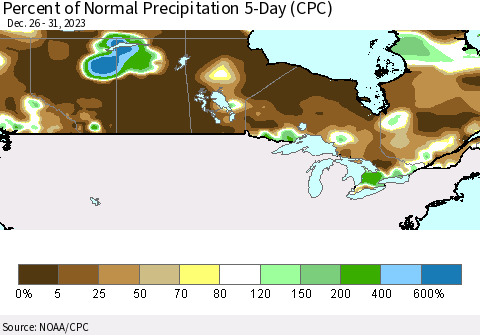 Canada Percent of Normal Precipitation 5-Day (CPC) Thematic Map For 12/26/2023 - 12/31/2023