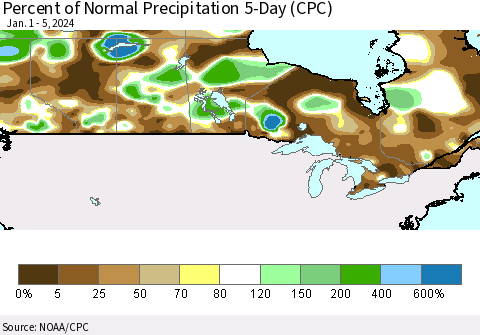Canada Percent of Normal Precipitation 5-Day (CPC) Thematic Map For 1/1/2024 - 1/5/2024
