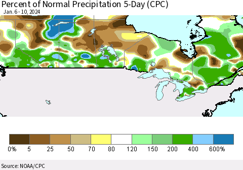 Canada Percent of Normal Precipitation 5-Day (CPC) Thematic Map For 1/6/2024 - 1/10/2024